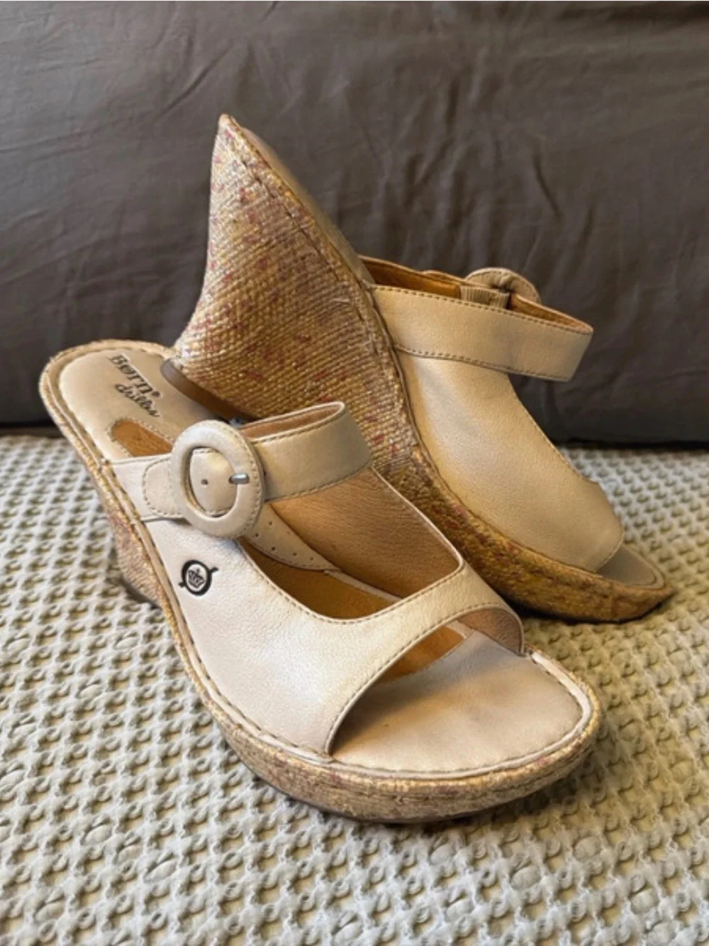 Born Beige Wedge Sandals with Buckle Strap - Women Shoes